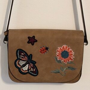 Parfois Tan Butterfly Floral Butterfly Embroidered Shoukder Bag